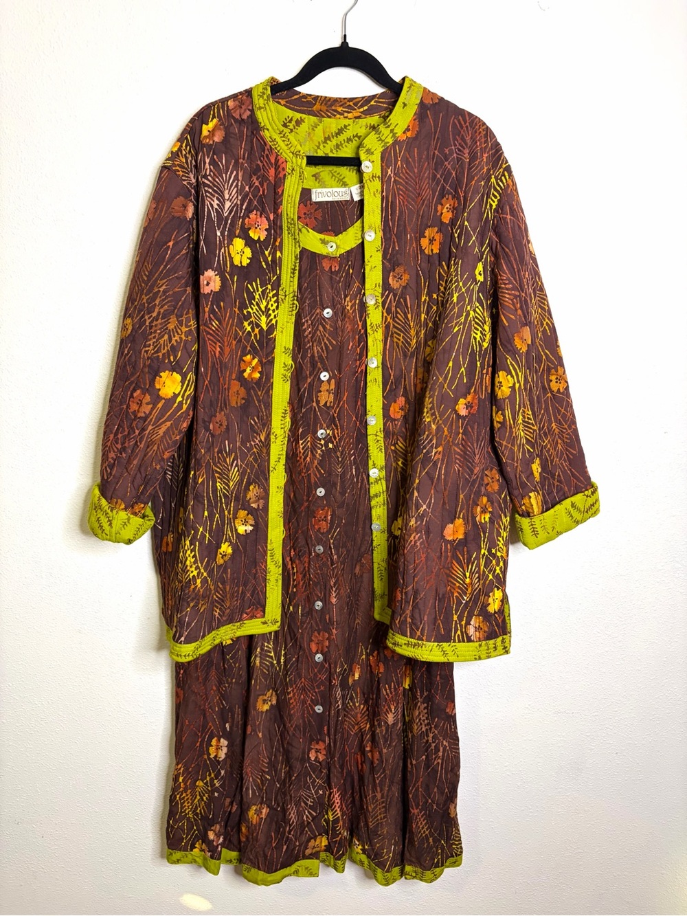 Brown Floral quilted jacket Midi Dress Women's Boho Button-Front Dress 1x 2x set
